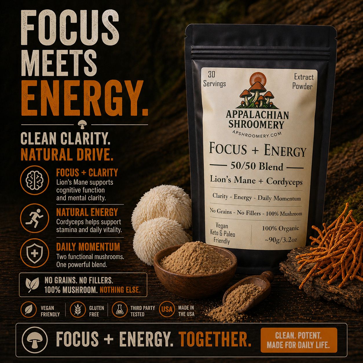 Lion’s Mane & Cordyceps Extract (50/50 Blend) — No Fillers, Real Mushroom Extracts