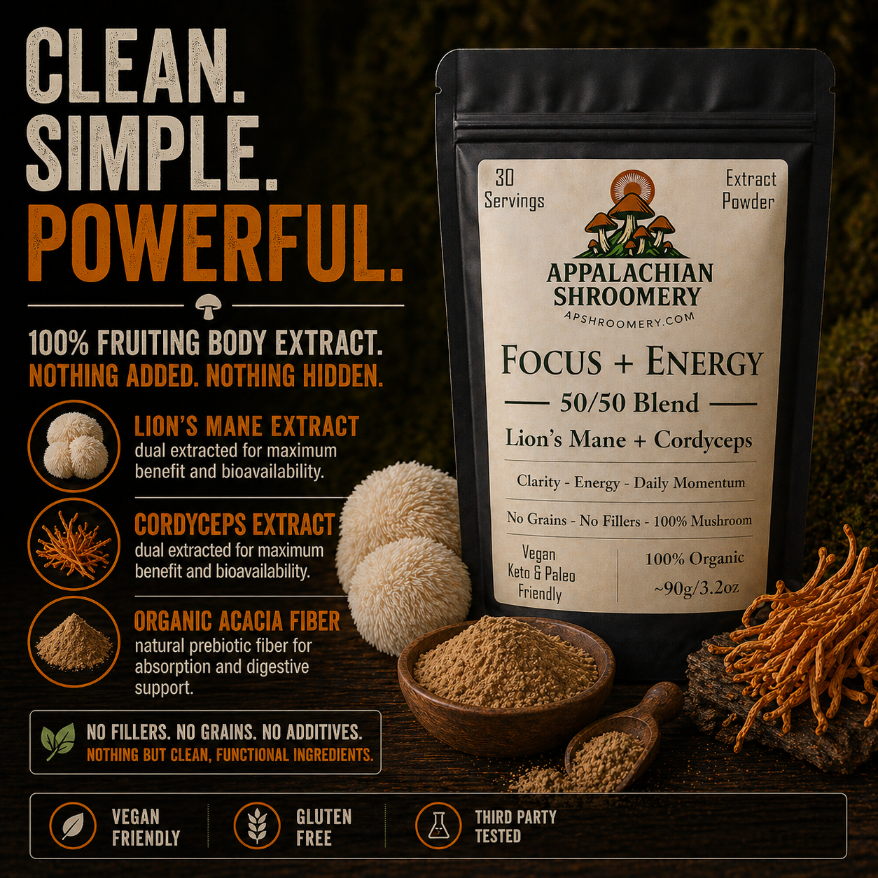 Lion’s Mane & Cordyceps Extract (50/50 Blend) — No Fillers, Real Mushroom Extracts