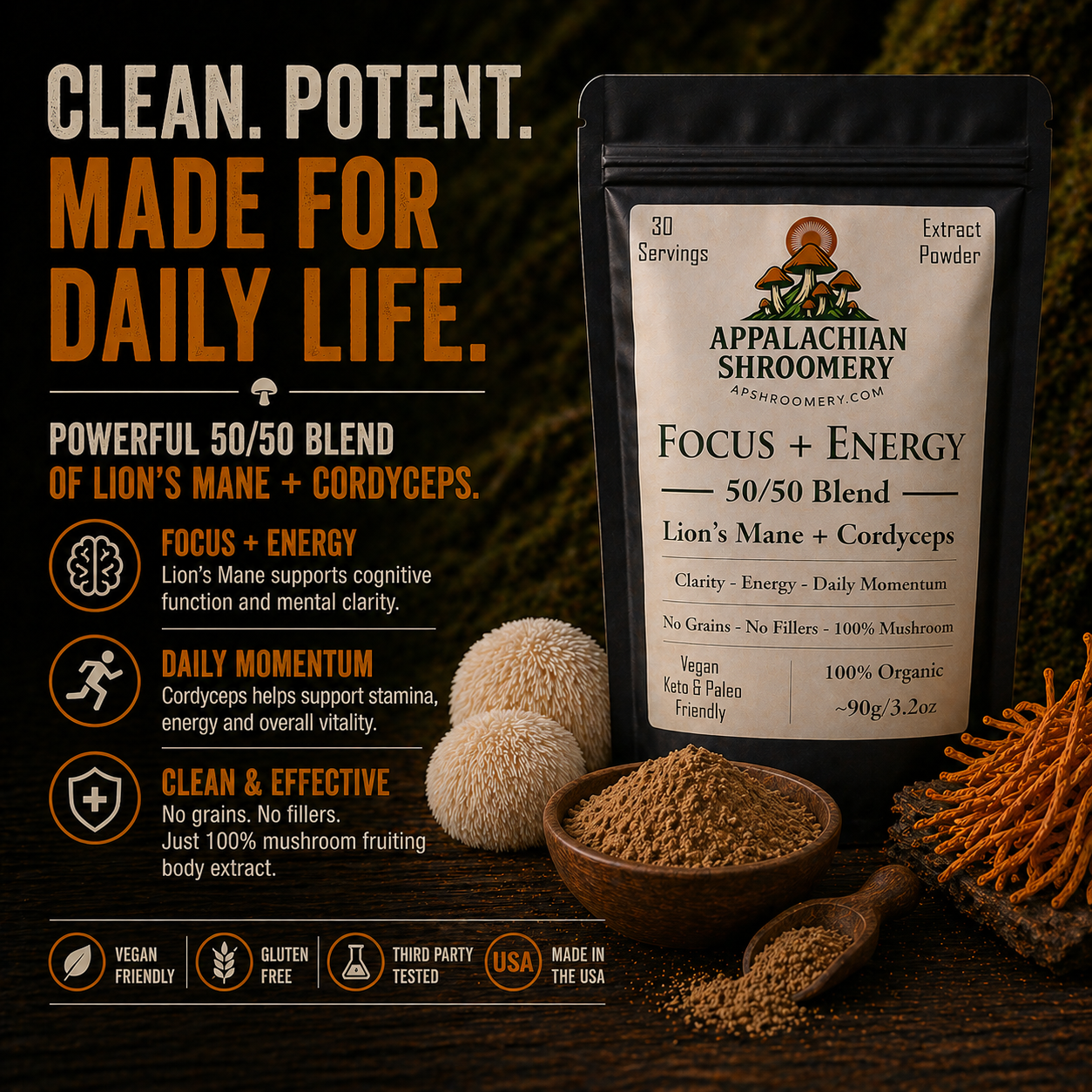 Lion’s Mane & Cordyceps Extract (50/50 Blend) — No Fillers, Real Mushroom Extracts