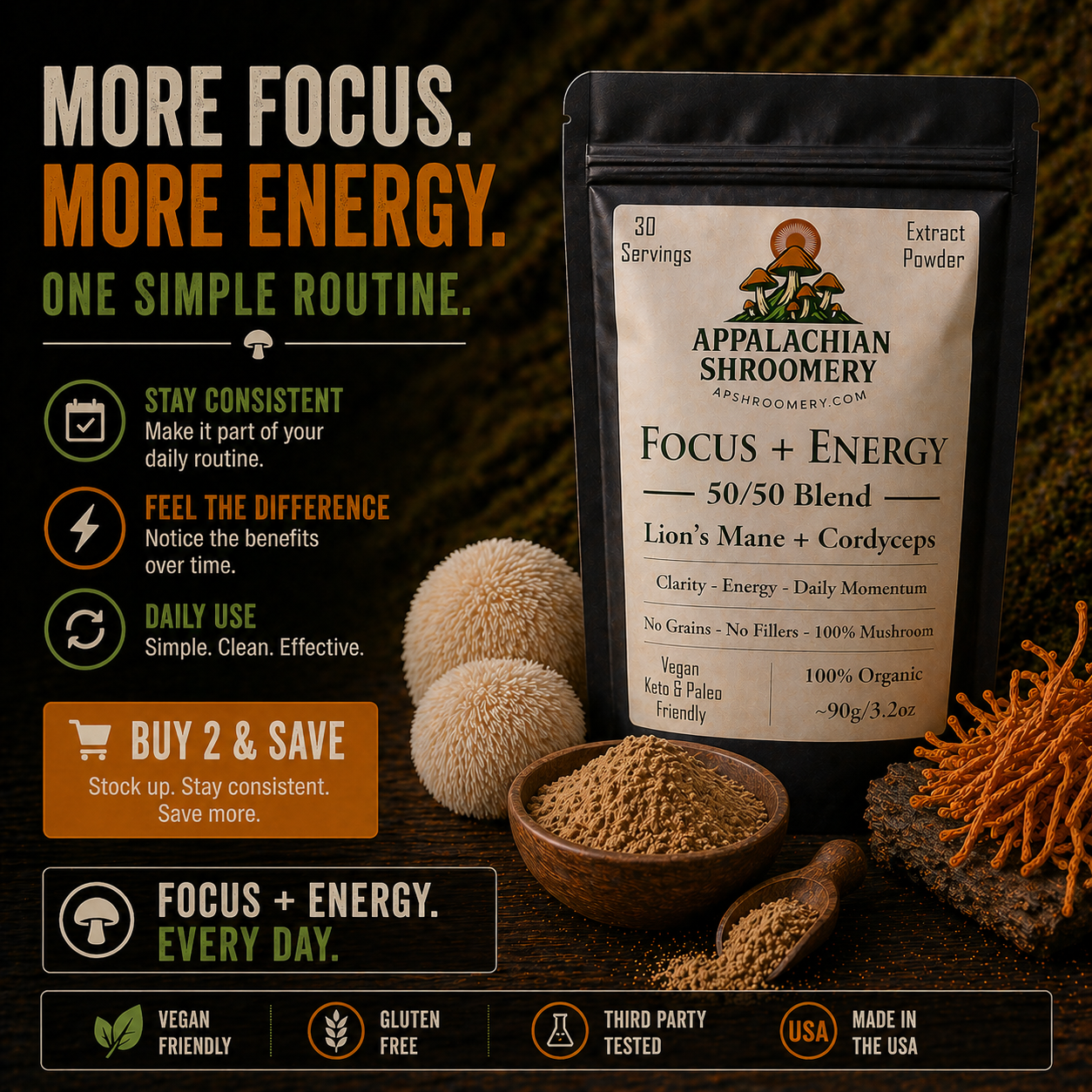 Lion’s Mane & Cordyceps Extract (50/50 Blend) — No Fillers, Real Mushroom Extracts